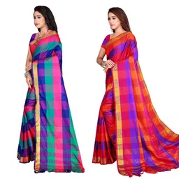 SHAIBO SAREE Pink & Gold-Toned Checked Zari Silk Cotton Uppada Saree image 2