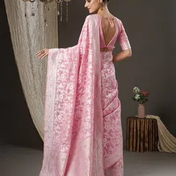 Mitera Pink & Silver-Toned Floral Zari Silk Cotton Banarasi Saree image 3