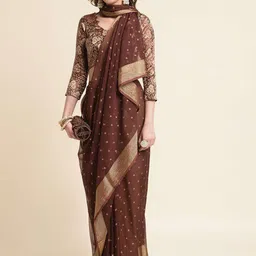 Mitera Coffee Brown & Gold-Toned Floral Printed Zari Border Pure Chiffon Saree image 5