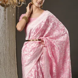 Mitera Pink & Silver-Toned Floral Zari Silk Cotton Banarasi Saree image 4