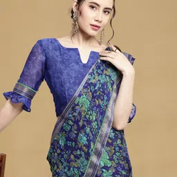 Satrani Blue & Gold-Toned Floral Printed Saree-picture-44