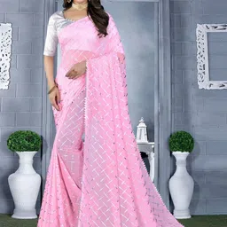 REDFISH Checked Embellished Pure Georgette Sarees image 1