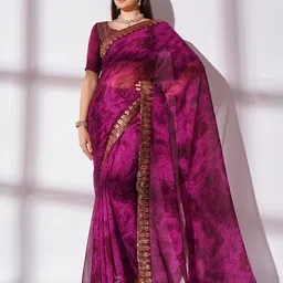Kalista Purple & Gold-Toned Abstract Printed Sequinned Pure Georgette Saree image 1