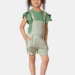 Peppermint Girls Green & White Striped Dungarees With Tshirt-picture-42