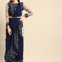 Sangria Women Navy Blue Embroidered Saree-image-3