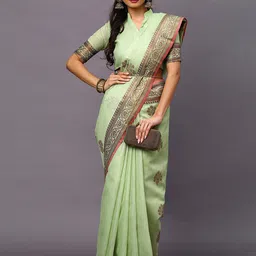 Mitera Green & Brown Woven Design Zari Silk Blend Saree image 1