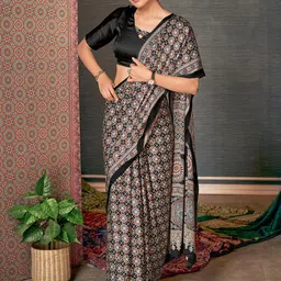 Saree mall Black & Off White Ajrak Printed Pure Crepe Block Print Saree image 5