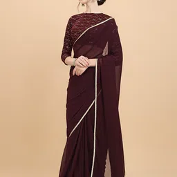 Inddus Women Wine Embroidered Georgette Saree with Net Blouse Piece image 2