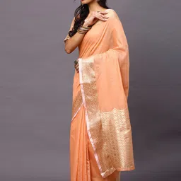 Mitera Peach-Coloured & Gold-Toned Linen Blend Saree image 2