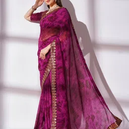 Kalista Purple & Gold-Toned Abstract Printed Sequinned Pure Georgette Saree image 3