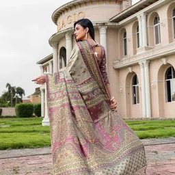 Mitera Beige & Purple Floral Printed Satin Saree image 3