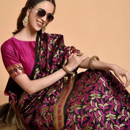 Sangria Black & Pink Floral Zari Silk Blend Heavy Work Saree image 3