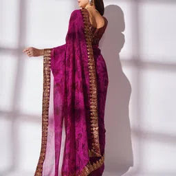 Kalista Purple & Gold-Toned Abstract Printed Sequinned Pure Georgette Saree image 4