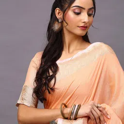 Mitera Peach-Coloured & Gold-Toned Linen Blend Saree image 4
