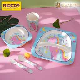 deepashri Baby Feeding Blue Unicorn Dinner Set for Kids (Plate, Bowl, Cup, Spoon & Fork) - 100% Safe Bamboo Fiber image 2