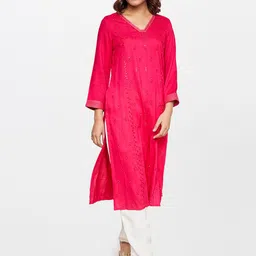 Global Desi Ethnic Motifs Embroidered V Neck Chikankari Straight Kurta image 1