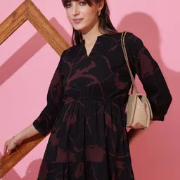 honky tonky Women Fit and Flare Black, Brown Midi/Calf Length Dress image 4