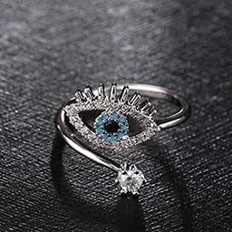 MEENAZ Silver-Plated AD-Studded Adjustable Evil-Eye Charm Ring image 3
