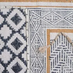 Art Avenue White & Blue Ethnic Motifs Printed & Embroidered Cotton Rectangular Carpet image 3