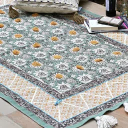 Art Avenue Green & Orange Ethnic Motifs Printed & Embroidered Cotton Rectangular Carpet image 4