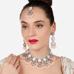 Zaveri Pearls Silver-Plated Kundan Studded & Beaded Necklace With Earrings & Maang Tika image 2