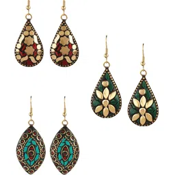 Yellow Chimes Set Of 3 Gold-Plated Green Oxidised Classic Drop Earrings image 2
