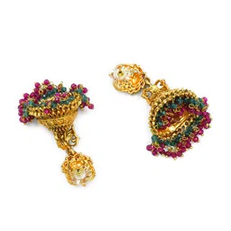 GRIIHAM Gold-Plated & Green AD Studded Classic Jhumkas Earrings image 4