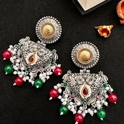 Sangria Silver-Plated Stone-Studded & Beaded Dual-Tone Drop Earrings-picture-31