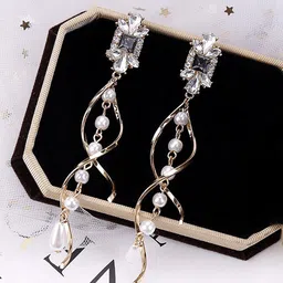Yellow Chimes  Set of 2  Gold Tone Round Hoops and Crystal Studded Long Dangler Earrings-picture-40