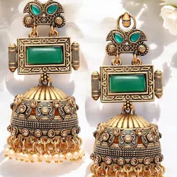 OOMPH Gold-Plated Artificial Stones Studded And Beaded Dome Shaped Jhumkas-picture-10