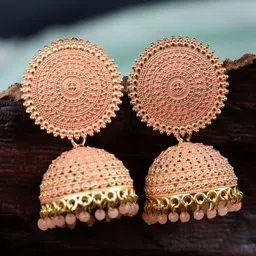 Crunchy Fashion Peach-Coloured & Gold-Plated Dome Shaped Jhumkas Earrings-image-36