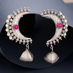 ATIBELLE Silver-Plated Beaded & Stone Studded Classic Jhumkas-picture-37