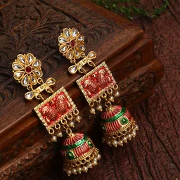 SOHI Gold-Toned & Red Dome Shaped Jhumkas Earrings-picture-20