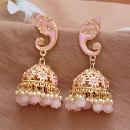 KARATCART Pink & White Gold-Plated Lord Ganesh Classic Jhumkas Earrings-image-95