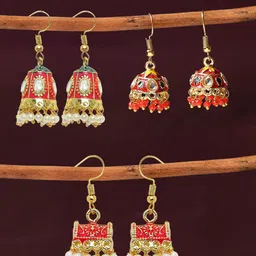 OOMPH Set Of 3 Pearls Beaded Dome Shaped Jhumkas image 1