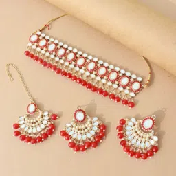 I Jewels Gold-Plated Stones & Beads Studded Jewellery Set-image-70