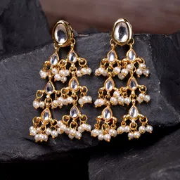 Saraf RS Jewellery Gold-Toned & White Teardrop Shaped Drop Earrings-picture-30