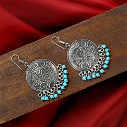 VIRAASI Silver-Toned & Turquoise Blue Contemporary Drop Earrings-picture-16