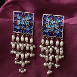 kashwini Silver-Plated Blue & White Stone-Studded & Beaded Contemporary Drop Earrings-image-82