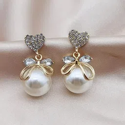 PolluxCraft Korean Gold-Plated Pearls Studded Contemporary Shaped Drop Earrings-image-84