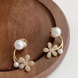 PolluxCraft Korean Gold-Plated Zircon & Pearls Studded Floral Studs-picture-16