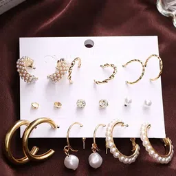 PolluxCraft Set Of 9 Korean Pearls Studded Crescent Shaped Hoop Earrings-image-48