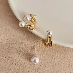 PolluxCraft Gold-Plated Korean Pearls Studded Contemporary Shaped Studs-image-81