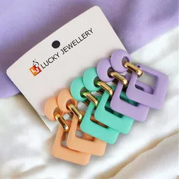 LUCKY JEWELLERY Set of 3 Gold-Plated Geometric Drop Earrings-image-3