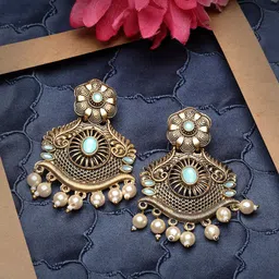 ADIVA Gold-Plated Stone Studded Antique Leaf Shaped Drop Earrings-picture-48