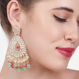 Zaveri Pearls Green & Pink Kundan Studded Chandbalis Earrings-picture-30