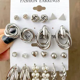 Shining Diva Fashion Set Of 11 Silver-Plated Stone-Studded Beaded Studs & Hoop Earrings-image-8
