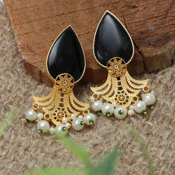 Ozanoo Gold-Plated Floral Artificial Stones Studded Beads Beaded Drop Earrings-image-12