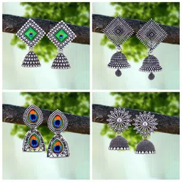 MEENAZ Set Of 4 Silver-Plated Artificial Beads Beaded Peacock Shaped Drop Earrings-picture-20