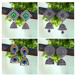 MEENAZ Set Of 4 Silver-Plated Peacock Shaped Oxidised Jhumkas-picture-40